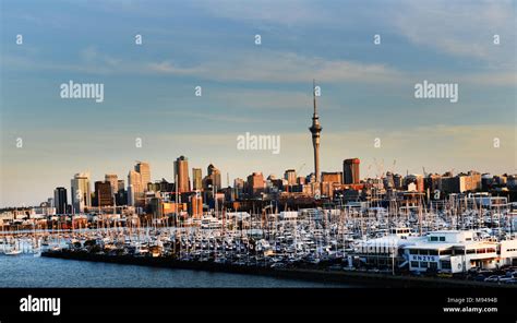 A beautiful view of Auckland's skyline during the sunset hours Stock ...