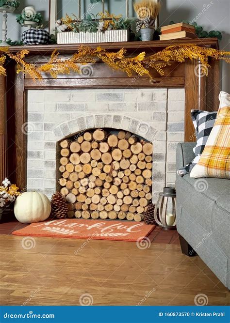 Birch Logs Stacked in Brick Fireplace - Cozy Home Interior Stock Photo - Image of comfort ...