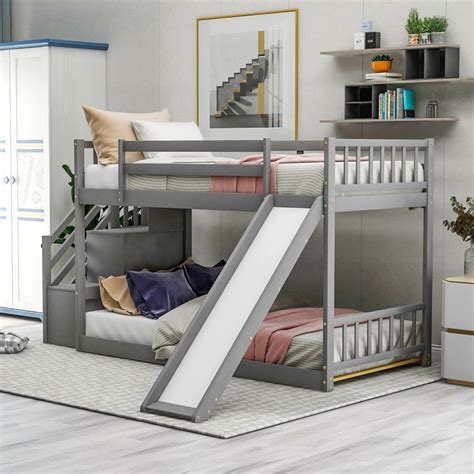 Twin Over Twin Bunk Bed Frame with Convertible Slide and Stairway ...