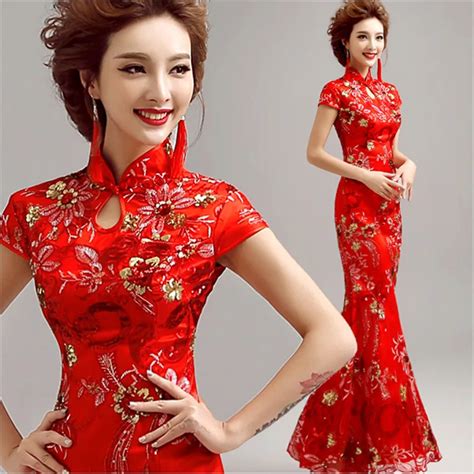 Chinese Traditional Dress Women's Satin Red Long Cheongsam dress Qipao Clothings embroidery ...