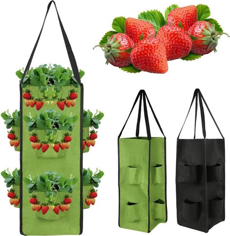 Black MeteorFlying 2PACK Strawberry Planting Bags with Handle 10 Gallon 8 Side Grow Pockets ...