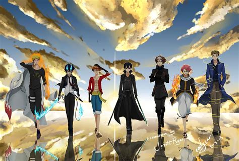 several anime characters standing in front of clouds