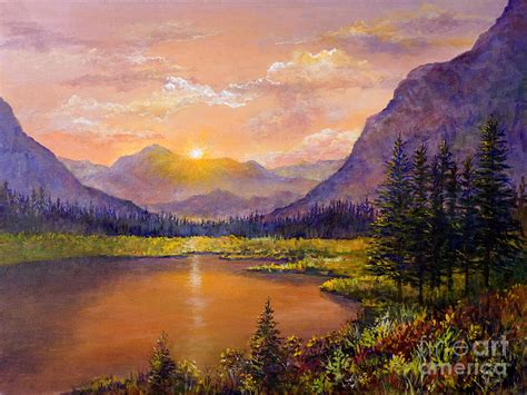 Mountain Lake Sunset Painting by Lou Ann Bagnall