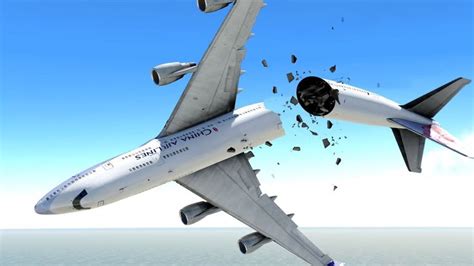 an airplane is flying through the air with its landing gear down and debris all over it