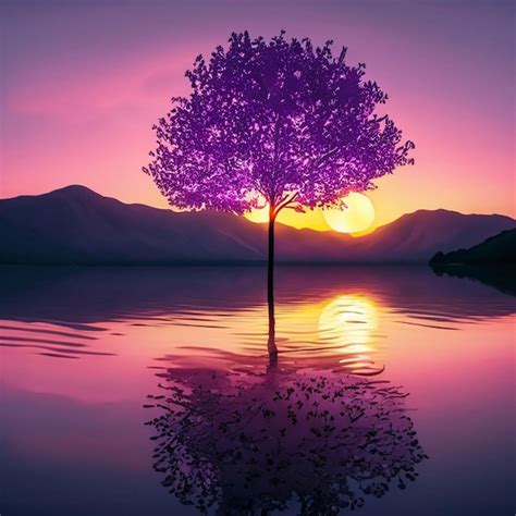 Premium AI Image | A purple sunset over a lake surrounded by trees