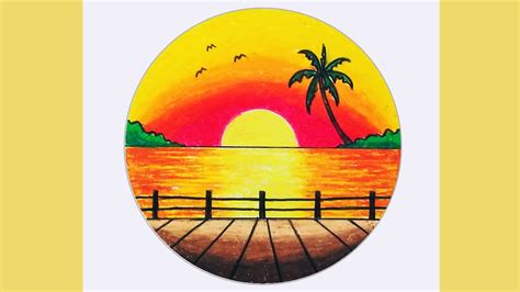 How To Draw Scenery For Beginners | Drawing Sunset Scenery In Circle