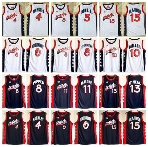 2019 1996 USA Dream Team Jerseys Basketball 15 Hakeem Olajuwon 6 Penny Hardaway 4 Charles ...