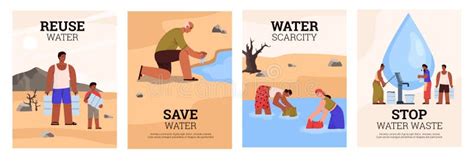 Water Scarcity and Water Deficiency Problem Banners, Flat Vector ...