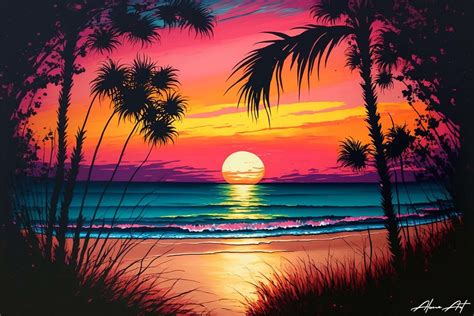 Sea Beach at Sunset with Palm Trees Graphic by Alone Art · Creative Fabrica