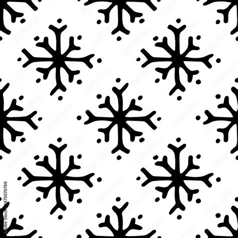 A pattern of a simple snowflake with dots. Seamless drawing of a hand-drawn snowflake in doodle ...