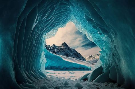 Premium Photo | Ice cave with mountains in the background