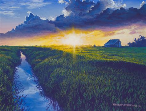 Corn Field Sunset Painting, Realistic Landscape, Country Decor