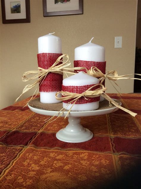 Burlap and raffia pillar candles centerpiece by Nancy D. | Pillar ...