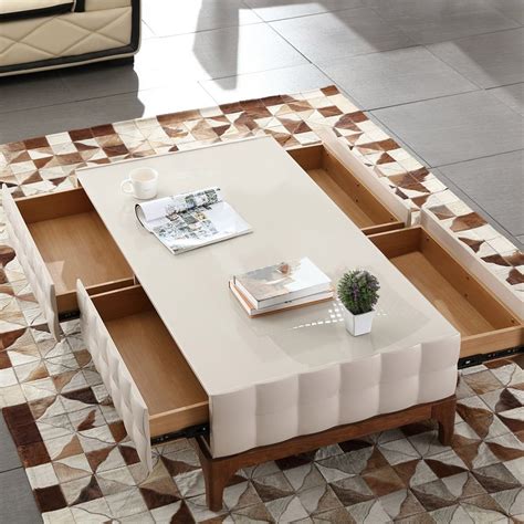 Luxury Modern Rectangular 55" Wood Coffee Table with Storage 4 Drawers Glass Top Coffee Table in ...