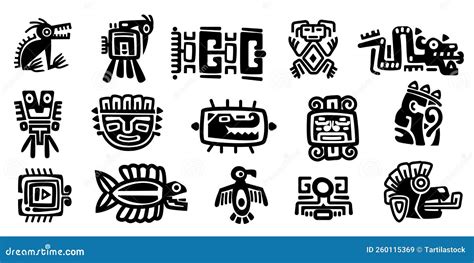 Mexican Gods Symbols. Abstract Aztec Animal Bird Totem Idols, Ancient ...