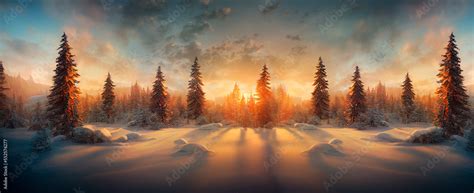 Winter landscape wallpaper with pine forest covered with snow and scenic sky at sunset. Snowy ...