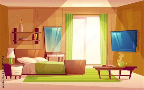 Vector cartoon interior of cozy modern bedroom, living room with double bed, TV set, dresser ...