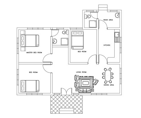 Single story three bed room small house plan free download with dwg cad ...