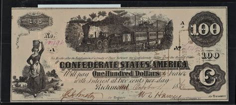 1862 $100 DOLLAR BILL CONFEDERATE STATES CURRENCY CIVIL WAR NOTE WITH COA