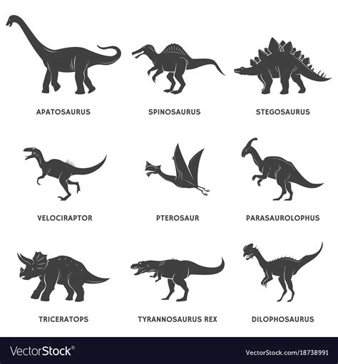 Dinosaur black silhouette set with names Vector Image