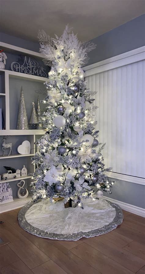 Flocked Christmas tree | White christmas tree decorations, Black christmas decorations ...