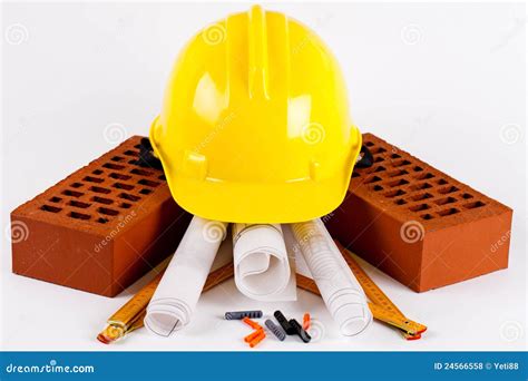 Brick and Construction Tools Stock Photo - Image of engineering, blueprint: 24566558