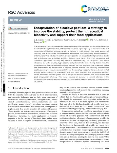 (PDF) Encapsulation of bioactive peptides: a strategy to improve the stability, protect the ...