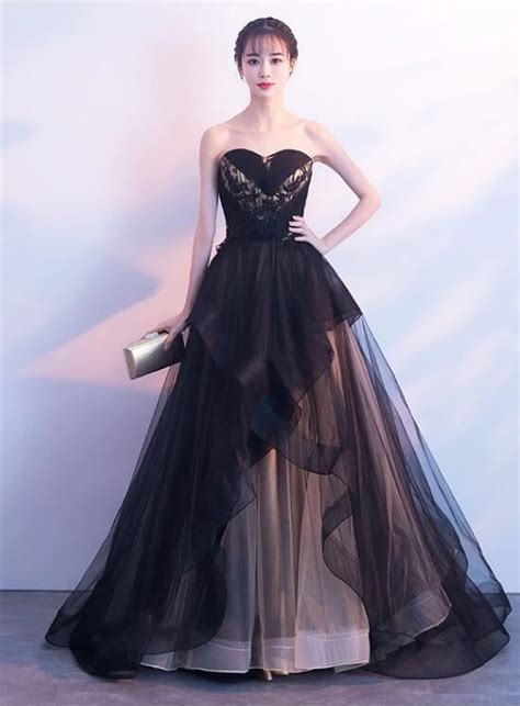 Beautiful Black and Champagne Tulle Sweethart Party Dress, Black Gown 2020 | Black evening ...