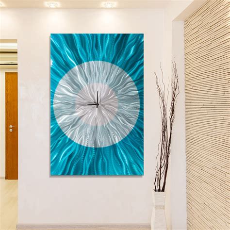 Aqua Blue & Silver Abstract Metal Wall Clock Art by Jon Allen 36" x 24" - Catwalk Aqua ...