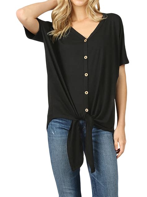 TheLovely - Women Short Sleeve V Neck Button Down T Shirts Tie Front Knot Loose Blouse Casual ...