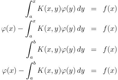 Volterra and Fredholm integral equations, 1st and 2nd kinds