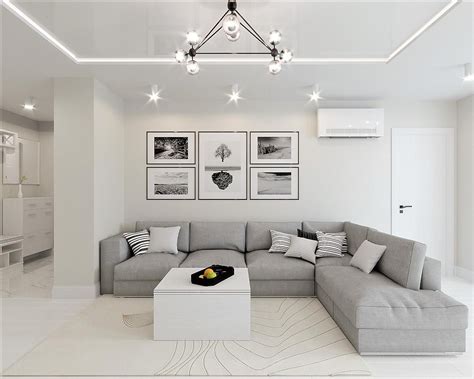 White & Grey Interior Design In The Modern Minimalist Style | Modern grey living room, Gray ...