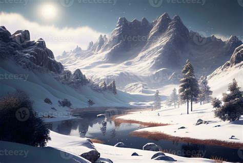 Snowy landscape with lake and pine tree mountain scene background. Nature and rural scene ...