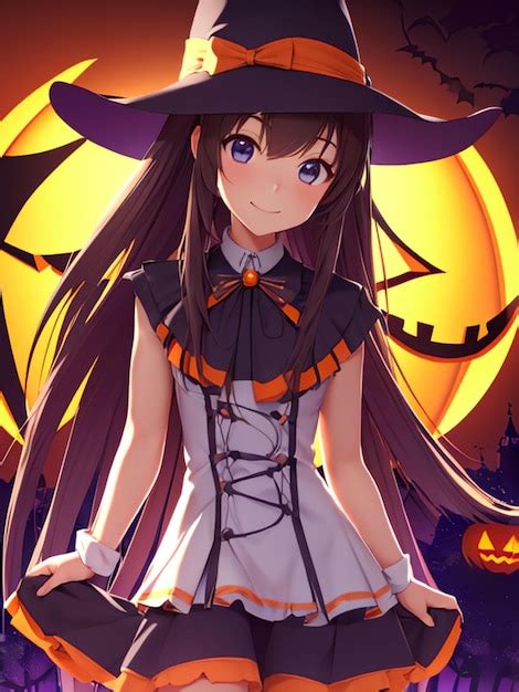 Premium AI Image | Cute witch girl on halloween night anime art for mobile wallpaper