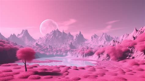 Premium AI Image | Pink landscape with a lake and mountains in the background