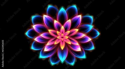 Multicolor neon light drawing, abstract shape flowers isolated on black ...