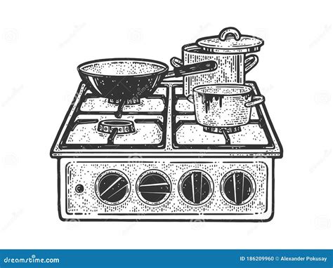 Old Stove with Pots and Pans Sketch Vector Stock Vector - Illustration of engraving, handmade ...