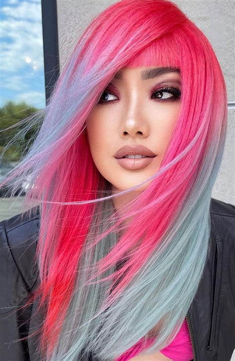 34 Pink Hair Colours That Gives Playful Vibe : Bright Pink & Mint Grey