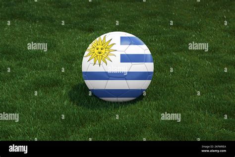 Soccer ball with Uruguay flag colors at a stadium on green grasses background. 3D illustration ...