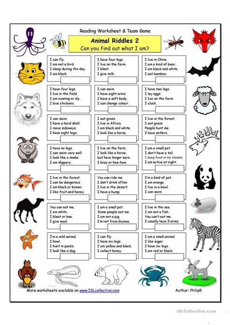 an animal riddles worksheet with animals and other things to do on it