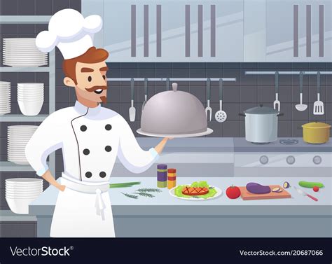 Commercial kitchen with cartoon characters chef Vector Image