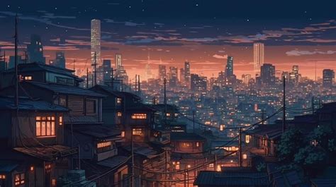 The landscape of the city at night time. Cityscape with houses and buildings and the beautiful ...