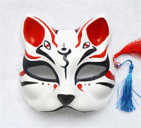 Half Face Hand Painted Japanese Style Fox Mask Kitsune Cosplay Masquerade 4 Eyes for Party ...