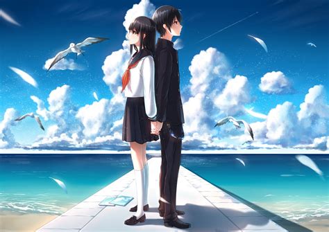 Two boy and girl anime characters on dock illustration HD wallpaper | Wallpaper Flare