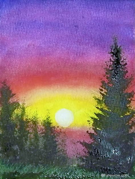 Watercolor sunset landscape tutorial, How to draw step by step easy for the beginner HD phone ...