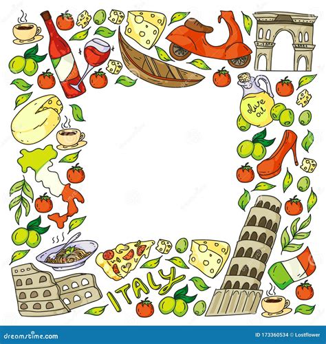 Italy Vector Elements and Icons. Doodle Pattern with Italian Culture ...