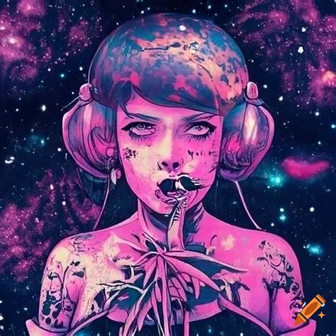 Galaxy artwork with rockabilly and marijuana elements on Craiyon