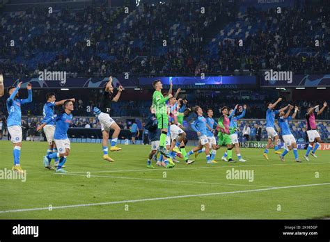 NAPLES, ITALY - OCTOBER 26: Players of SSC Napoli celebrate the victory after the UEFA Champions ...