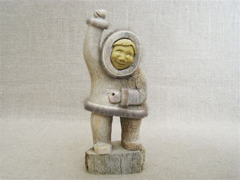 Vintage Inuit Male Portrait Bone Carving, Signed Norman, Folk Art Eskimo Figure, Hand Carved