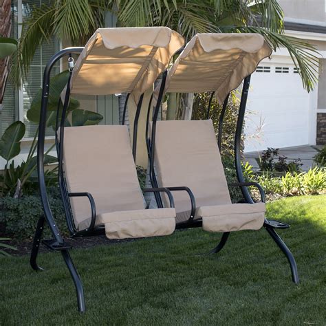 NEW Outdoor Double-Swing Set (2)-Person Canopy Patio Padded Seat Canopy w Frame | eBay